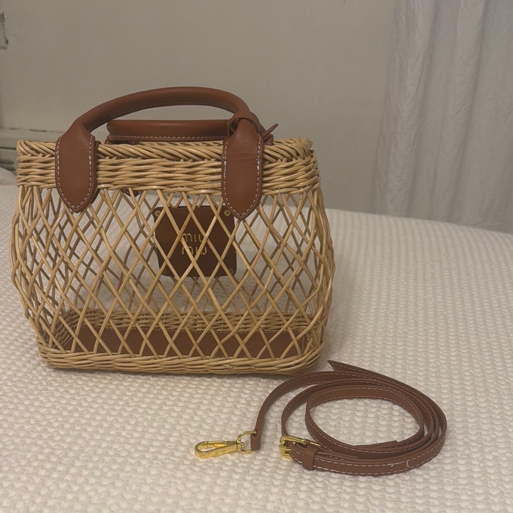 Brown Woven Handbag with Leather Accents